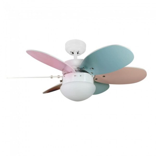 Ventilador de techo con luz para habitaciones infantiles. Las palas del ventilador son reversibles con agradables tonos pastel por un lado y colores vivos por el otro. Su diseño es perfecto para instalar en el techo de habitaciones infantiles. Dimensiones: Alto 28-38 cm. Diámetro 76 cm.*Posibilidad de adquirir con mando a distancia (consultar antes de comprar)