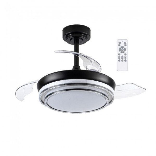 regulable en intensidad y temperatura de color. Tres aspas retráctiles transparentes que quedan recogidas sobre el ventilador de color negro.Dimensiones: Alto 32-42 cm.- Aspas ocultas: Diámetro 39 cm.- Aspas desplegadas: Diámetro 92 cm.