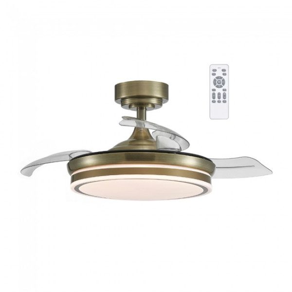 temporizador y memoria de encendido. La luz es regulable en intensidad y cuenta con tres tonos de color.Dimensiones: Alto 32-42 cm.-Aspas ocultas: Diámetro 39 cm.-Aspas desplegadas: Diámetro 91 cm.Fácil montaje: El receptor (driver) ya viene incorporado en la placa LED del ventilador.